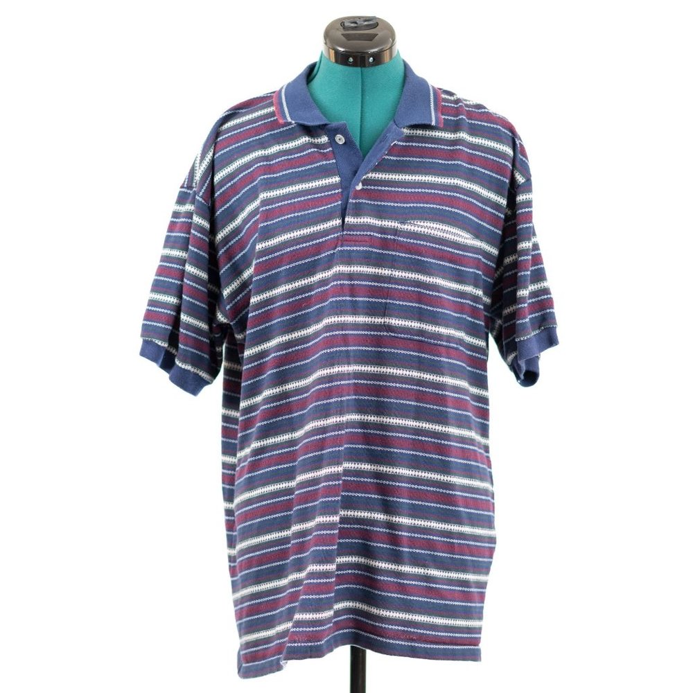 Vintage 90s Par Four Short Sleeve Polo Shirt Blue Striped Mens Large